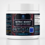 Organic beet root powder supplement jar with Nitric Boost label