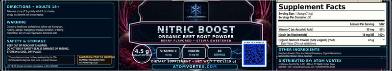 Nitric Boost organic beet root powder supplement facts label