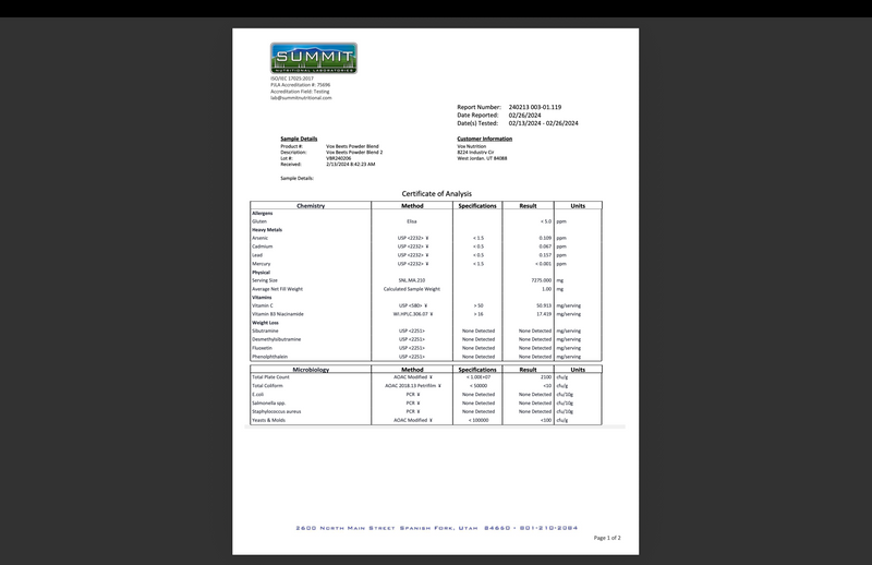 Nitric Boost organic beet root powder analysis certificate page