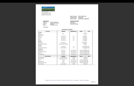Nitric Boost organic beet root powder analysis certificate page