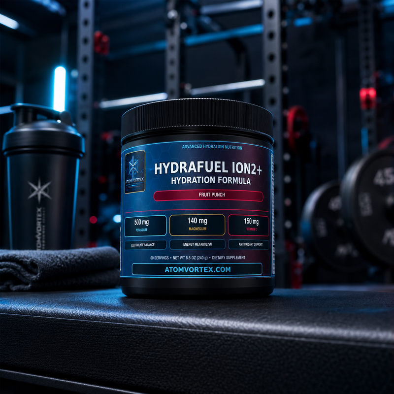 HydraFuel ION2+ hydration formula tub with black lid and fruit punch front label