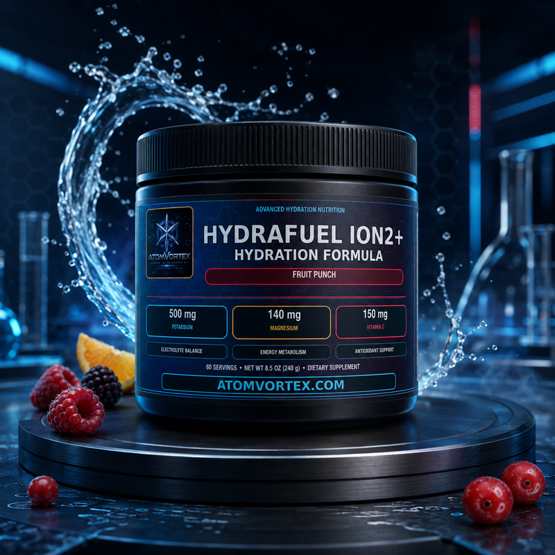 HydraFuel ION2+ hydration formula tub with fruit punch label and water splash