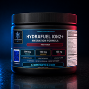 HydraFuel ION2+ hydration formula tub showing side label and Supplement Facts panel