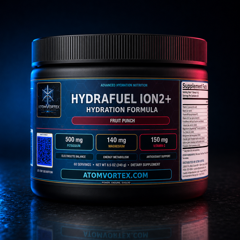 HydraFuel ION2+ hydration formula tub showing side label and Supplement Facts panel