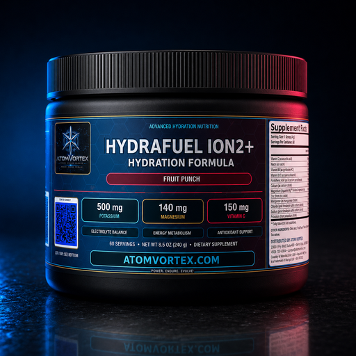 HydraFuel ION2+ hydration formula tub showing side label and Supplement Facts panel