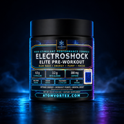 Electroschock Elite pre-workout tub with blue label and black lid