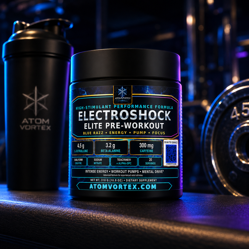 Electroschock Elite pre-workout tub with blue label, with shaker bottle