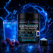 Electroschock Elite pre-workout tub with blue beverage in glass and berries