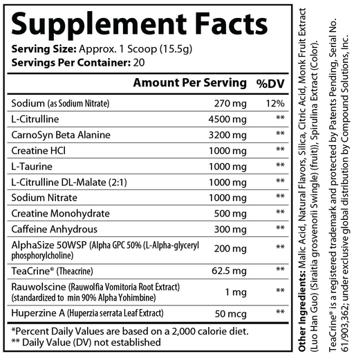 Supplement Facts panel for ATOMVORTEX Electroschock Elite pre-workout