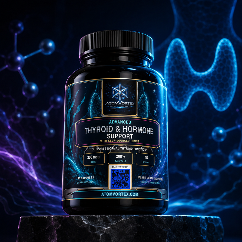 AtomVortex Advanced thyroid & hormone support supplement bottle with blue label design