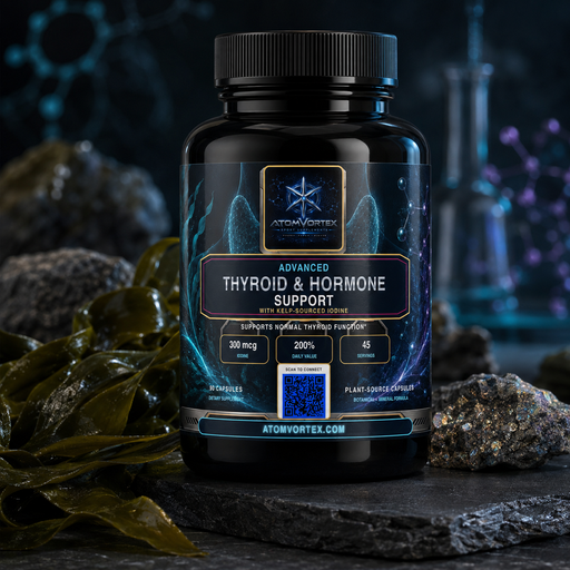 AtomVortex thyroid & hormone support supplement bottle with kelp leaves on base