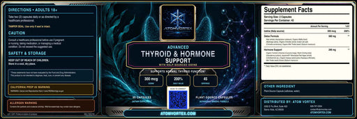 AtomVortex Advanced thyroid & hormone support supplement label, supplement facts panel