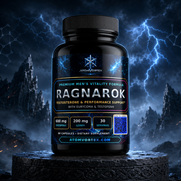 Black supplement bottle with blue Ragnarok label and storm design, 90 capsules