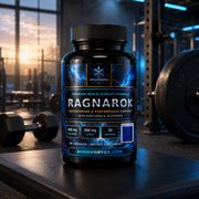 Front view black supplement bottle with blue Ragnarok label, 90 capsules