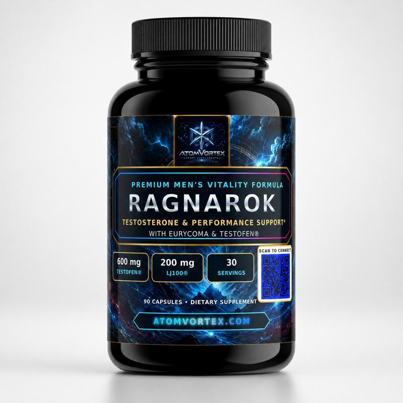 Black supplement bottle with blue Ragnarok label, 90 capsules