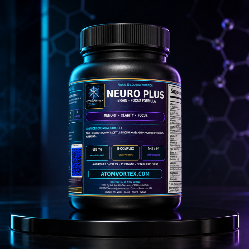 Neuro Plus dietary supplement bottle with black ribbed cap and back label view
