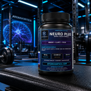 Neuro Plus dietary supplement bottle with black cap on dark surface, angled view