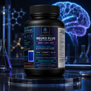 Neuro Plus dietary supplement bottle on clear stand, front label facing camera