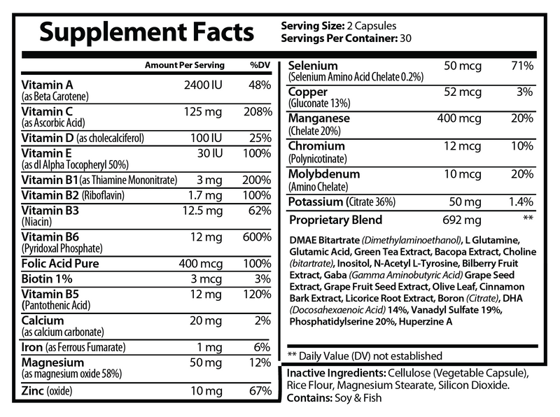 Atom Vortex Neuro Plus supplement facts label, serving size 2 capsules