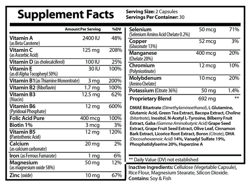 Atom Vortex Neuro Plus supplement facts label, serving size 2 capsules