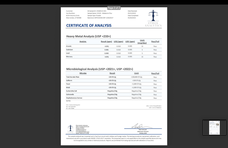 Certificate of Analysis document page for Sleep Aid Formula