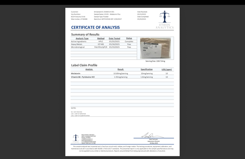 Certificate of Analysis results page for Sleep Aid Formula with signature