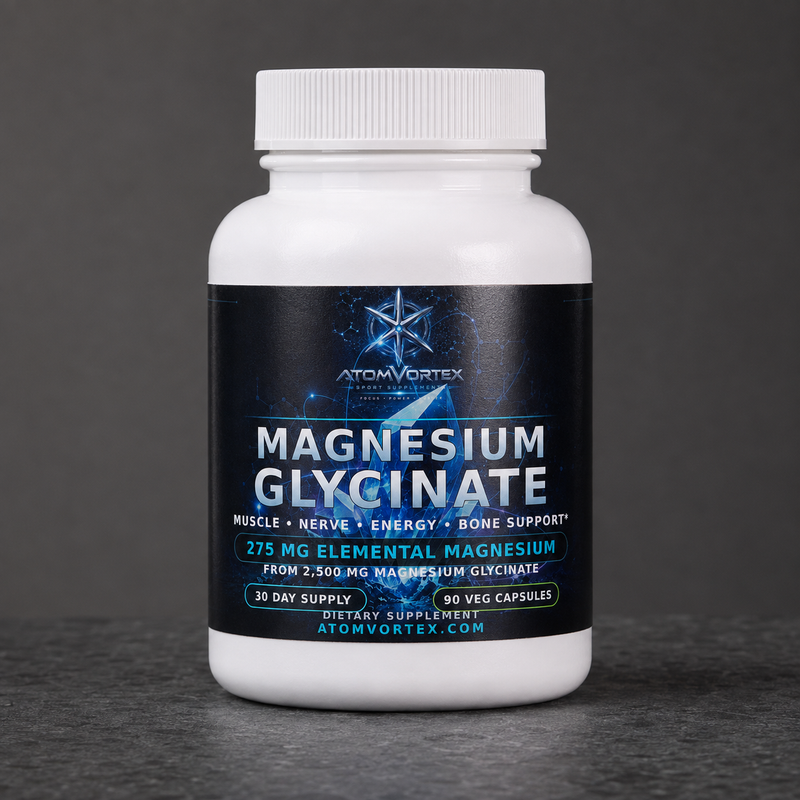 Magnesium glycinate supplement bottle front view with white cap and dark label.