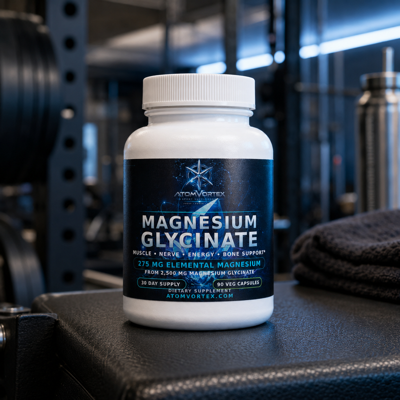 Magnesium glycinate supplement bottle on black surface with white cap and dark label.