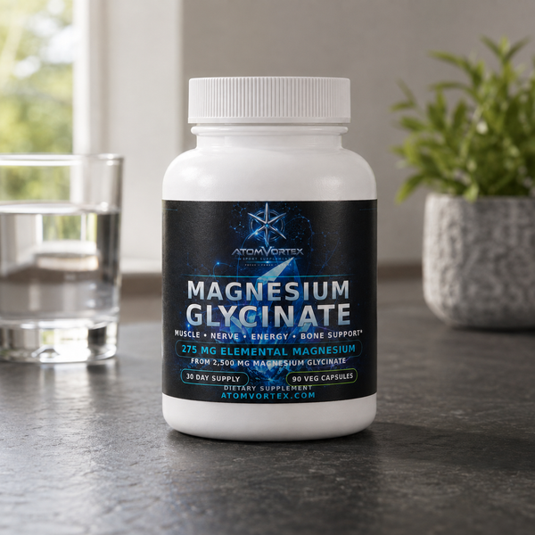 Magnesium glycinate supplement bottle with white cap and dark label front.
