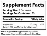 Magnesium glycinate supplement facts label with 3-capsule serving, 275 mg magnesium.
