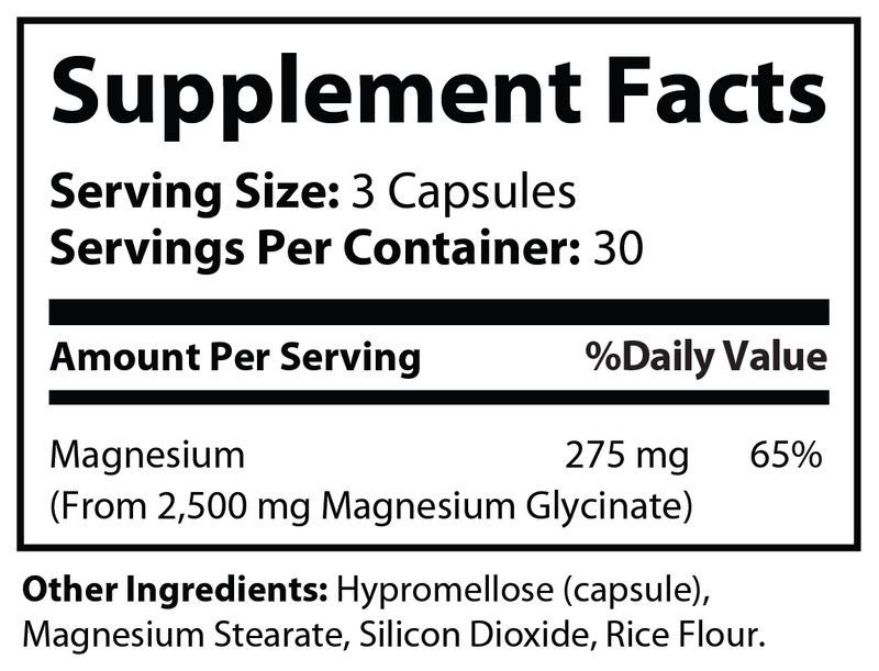 Magnesium glycinate supplement facts label with 3-capsule serving, 275 mg magnesium.