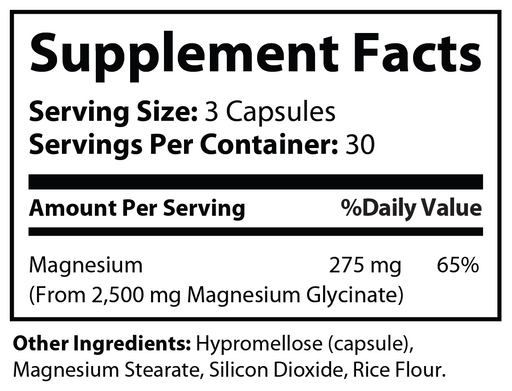 Magnesium glycinate supplement facts label with 3-capsule serving, 275 mg magnesium.