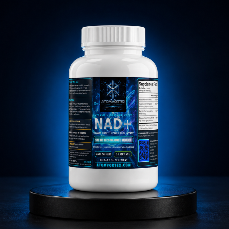 Atom Vortex NAD+ dietary supplement bottle with white ribbed cap on pedestal