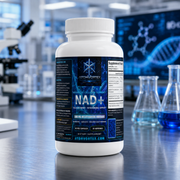 Atom Vortex NAD+ supplement bottle on laboratory bench, front label visible