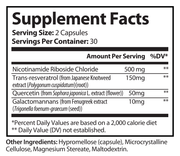 Supplement Facts panel for NAD+ dietary supplement, serving size 2 capsules, 30 servings