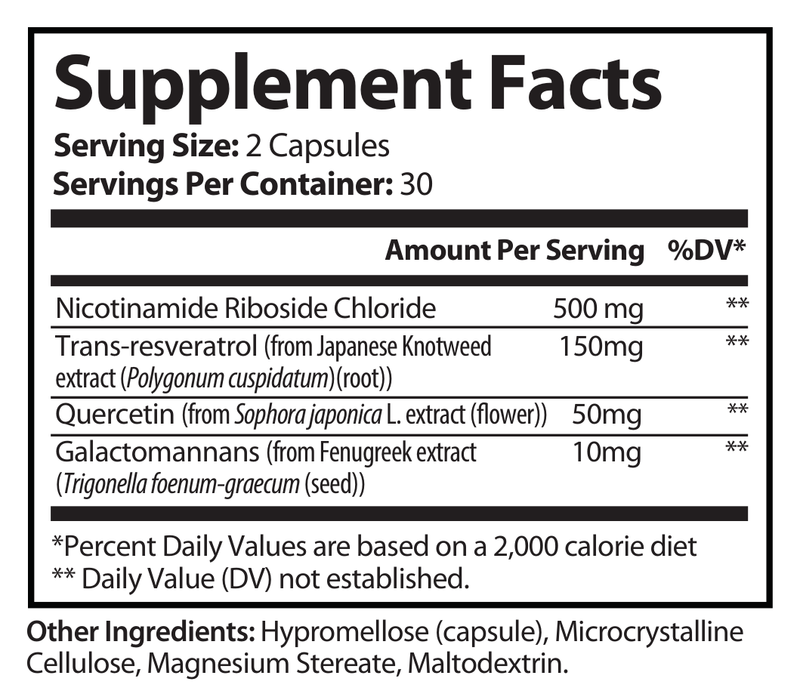Supplement Facts panel for NAD+ dietary supplement, serving size 2 capsules, 30 servings