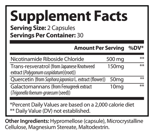 Supplement Facts panel for NAD+ dietary supplement, serving size 2 capsules, 30 servings