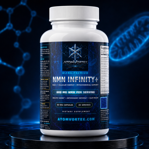 AtomVortex Ultra-Premium NMN Infinity+ supplement bottle with blue emblem label
