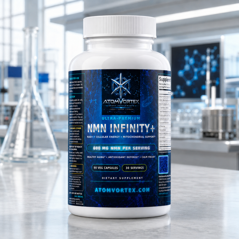 AtomVortex Ultra-Premium NMN Infinity+ supplement bottle with white cap