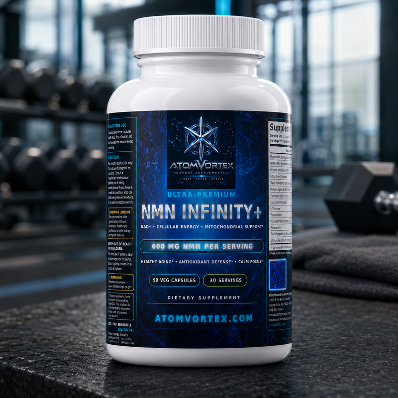 AtomVortex Ultra-Premium NMN Infinity+ supplement bottle on dark surface