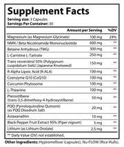 Supplement Facts label for AtomVortex NMN Infinity+ dietary supplement
