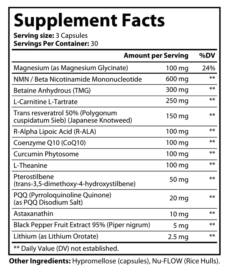 Supplement Facts label for AtomVortex NMN Infinity+ dietary supplement