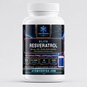 Resveratrol supplement bottle with white cap, blue label reading ELITE RESVERATROL