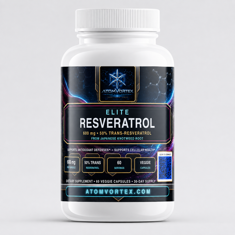 Resveratrol supplement bottle with white cap, blue label reading ELITE RESVERATROL