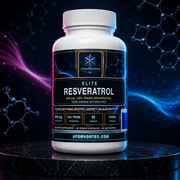 Resveratrol supplement bottle with white cap and ELITE RESVERATROL label on pedestal