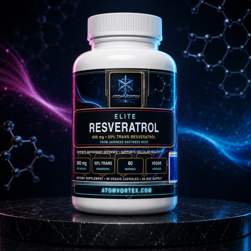 Resveratrol supplement bottle with white cap and ELITE RESVERATROL label on pedestal