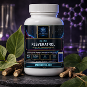 Resveratrol supplement bottle with ELITE RESVERATROL label, with roots and leaves nearby