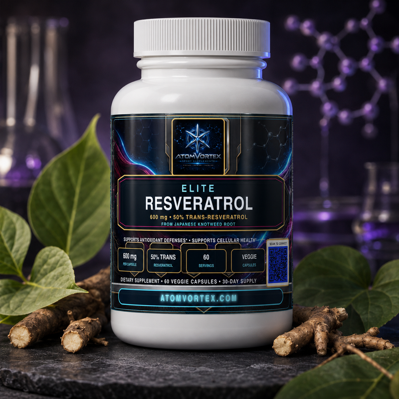 Resveratrol supplement bottle with ELITE RESVERATROL label, with roots and leaves nearby