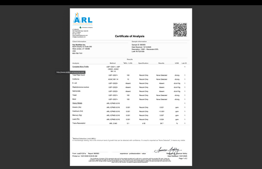 Certificate of Analysis sheet with barcode and lab test table