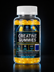 Lemon-flavored creatine gummies bottle with white cap and yellow gummies.